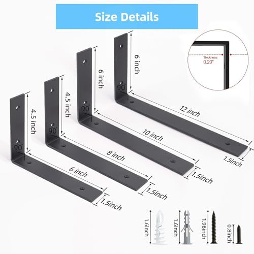heavy duty 12-inch black shelf brackets, l shelf showing dimensions