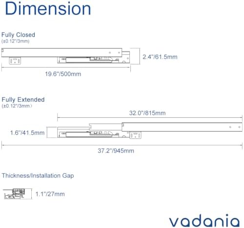 vadania #bk54 20" undermount drawer slide, soft close on a desk or shelf