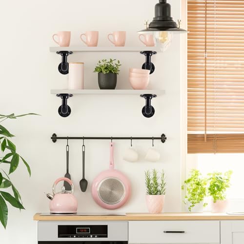 l-shaped industrial pipe shelf brackets, black metal wall-mounted on a desk or shelf