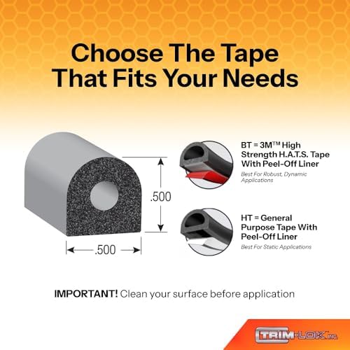 trim-lok d-shaped rubber seal with high tack tape, close-up detail
