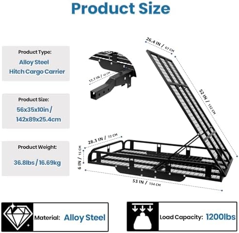 Adjustable Hitch Cargo Carrier, 1200LB Alloy Steel Basket, Includes Tie-Down Straps, Fits SUV/Truck, Heavy Duty Rack for Maximum Storage & Transport
