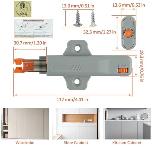gray non-magnetic push to open door latch for shown in use