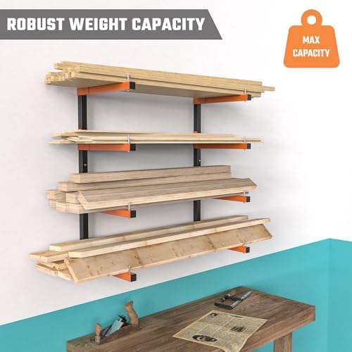 lumber storage rack wall mount, metal 8-level wood, side view