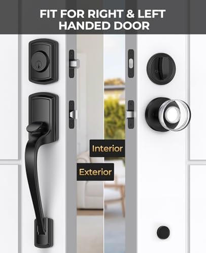 black front door handle and deadbolt set with, close-up detail