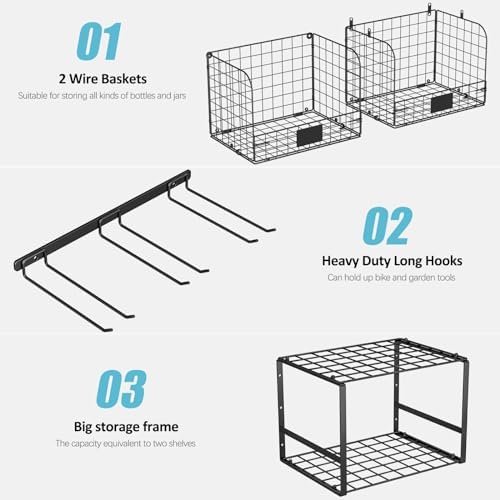 threehio garage shelf wall mounted with wire baskets, package contents