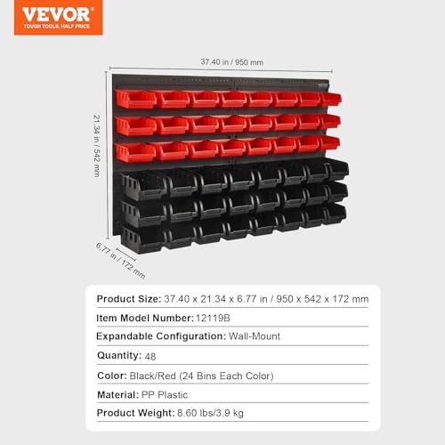 vevor 48-bin wall mounted storage bins parts rack on a desk or shelf