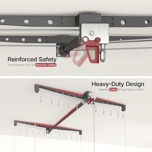 overhead garage storage rack for 10–12 ft ceiling, side view