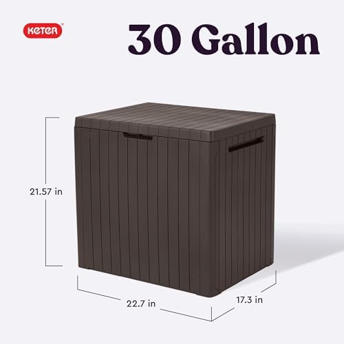 keter city 30 gallon resin outdoor storage box shown in use