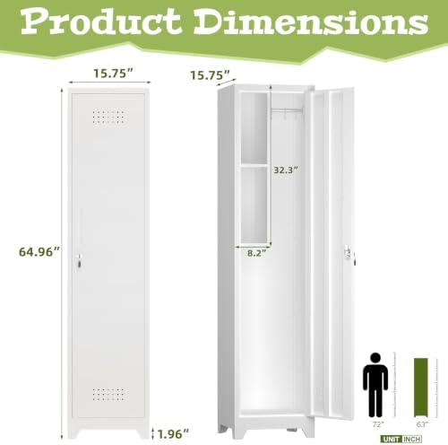 slim broom storage cabinets, metal cabinet with shelves, close-up detail