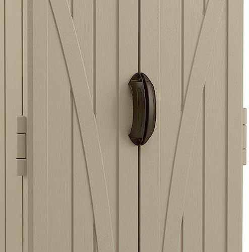 suncast vertical shed, compact outdoor storage system, 22 on a desk or shelf