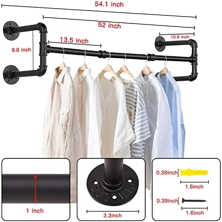 wall mounted clothes rack - 54" industrial pipe showing dimensions