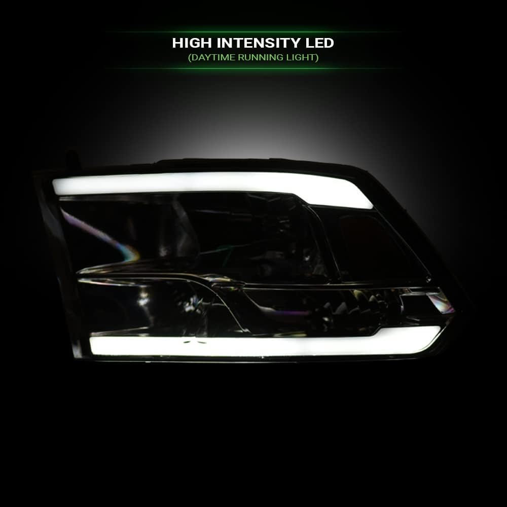DRL LED Strip Tube Bar Chrome Housing Crystal Headlights Signal Lamps Amber Reflector nb Compatible With 09-18 Dodge Ram 1500/19-24 Classic / 10-18 2500 3500