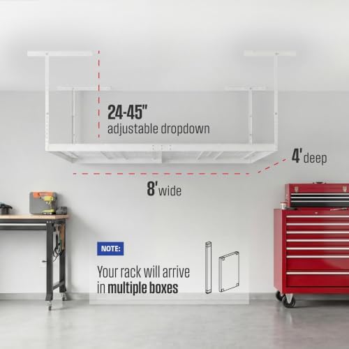 saferacks white 4x8 overhead storage rack w/ 5-pc, close-up detail