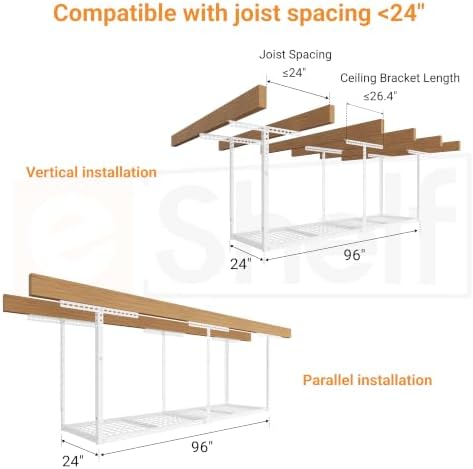 2x8ft overhead ceiling garage storage rack, 400lbs capacity, side view