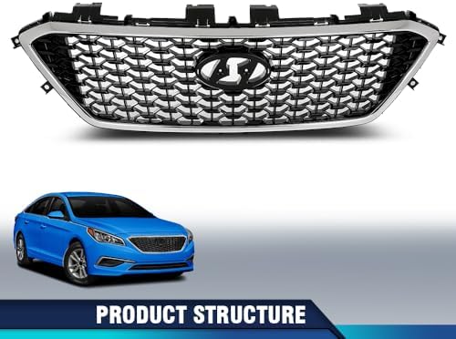 PIT66 Front Bumper Upper Grille Fit Hyun.dai Sonata 2015-2017 | Fits 2015-2017 Sonata Models Without Radar Hole, Black and Chrome Finish, Direct Replacement