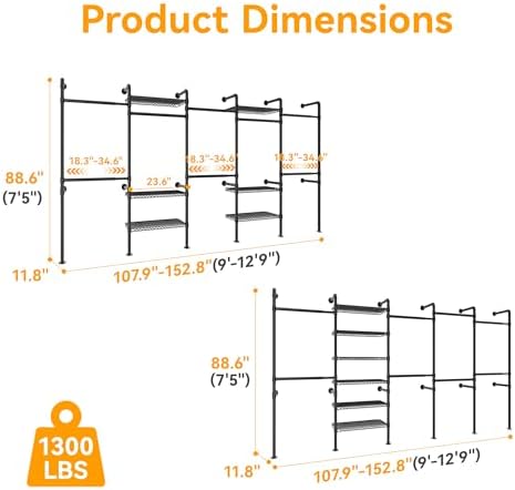 higeego w5 industrial pipe clothes rack, heavy duty showing dimensions
