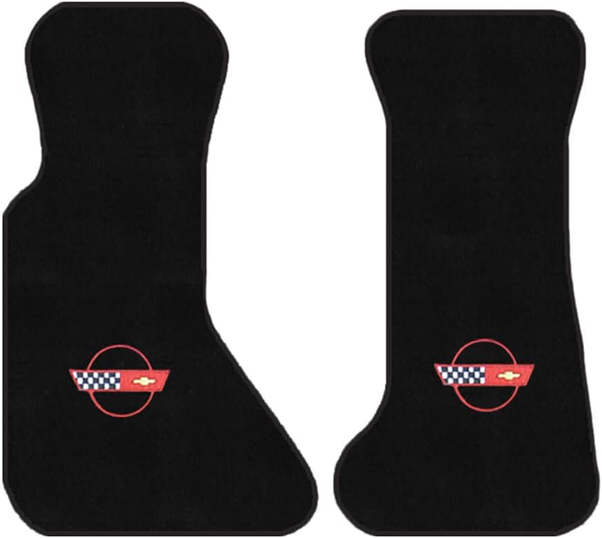 Custom Fit 2 Piece Carpet Front Mats Compatible with 1984-1996 Corvette Coupe with Red C4 Flag Logo - Black