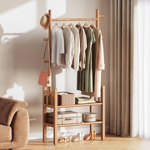 yoobure solid wood clothing rack with shelves, side view