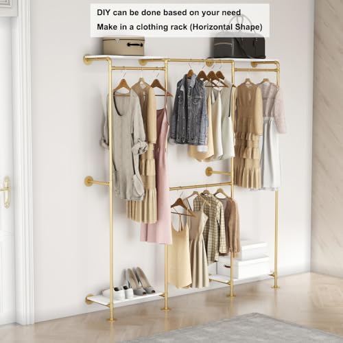 kakabb industrial pipe clothing rack with shelves, wall, front angle view
