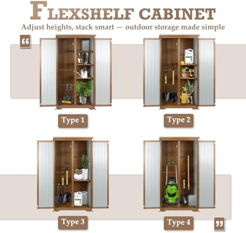 outdoor storage cabinet with shelves, weatherproof tool shed on a desk or shelf