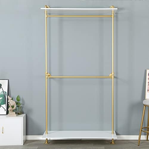 modern simple 2 tier metal and wood garment, front angle view