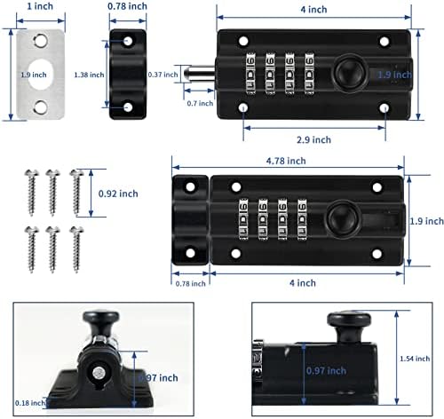 4-digit combination slide lock solid combination bolt latch showing dimensions
