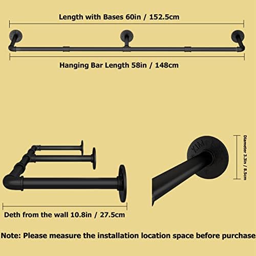wall mounted clothes rack, 60in industrial pipe clothing showing dimensions