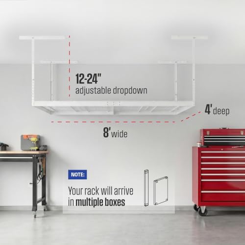 saferacks white 4x8 overhead storage rack w/ 5-pc, close-up detail
