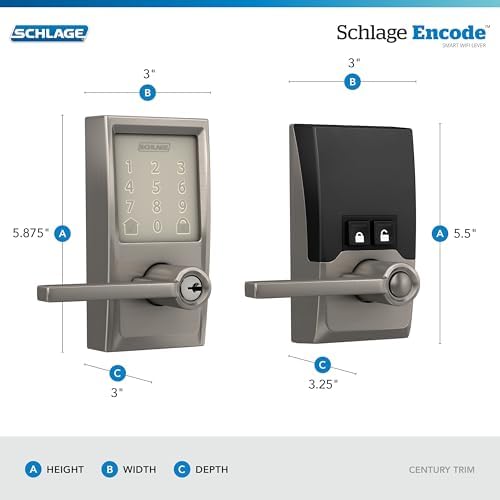 schlage encode smart wifi lock, lever handle, camelot, close-up detail
