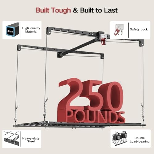 overhead garage storage rack for 12–14 ft ceiling, side view