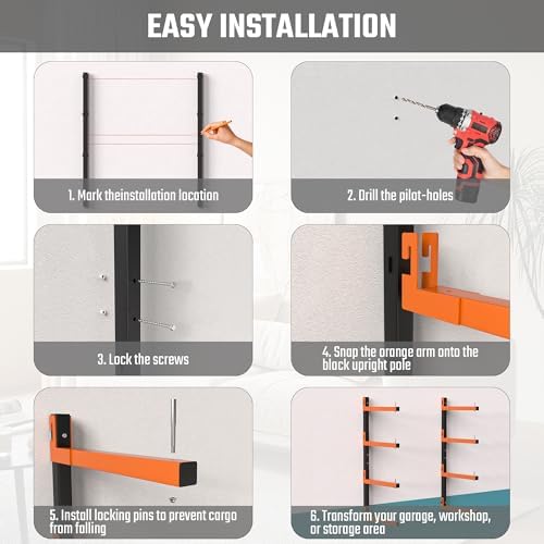 lumber storage rack wall mount, metal 8-level wood, front angle view