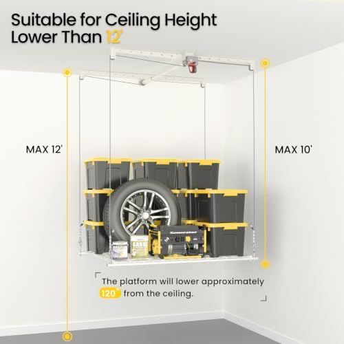 overhead garage storage rack for 10-12ft ceiling, heavy-duty shown in use