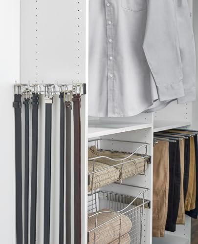 rev-a-shelf sliding belt rack for closets, min opening, front angle view