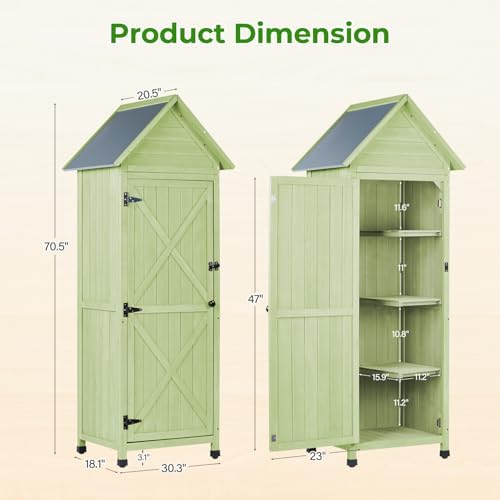 wooden outdoor storage cabinet,tall vertical garden tool shed, close-up detail