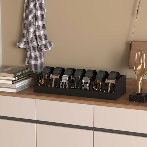 belt storage organizer box - 7 grids bamboo on a desk or shelf