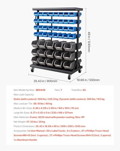 vevor 7-tier double-sided rolling bin storage rack, 94, close-up detail