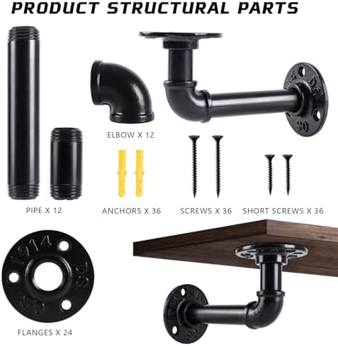 l-shaped industrial pipe shelf brackets, black metal wall-mounted, close-up detail