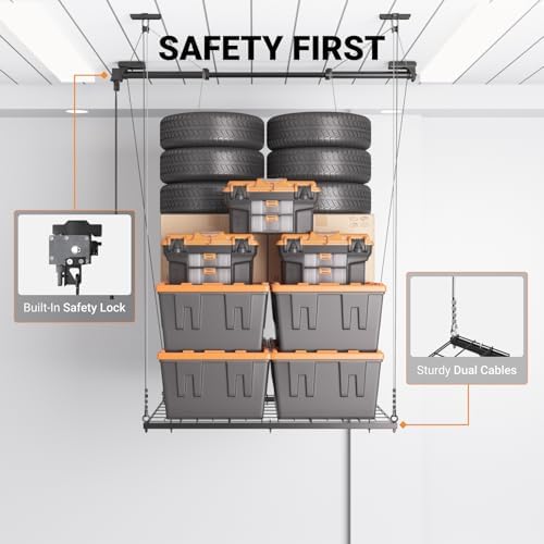 adjustable overhead garage storage rack, 4x4ft garage ceiling, side view
