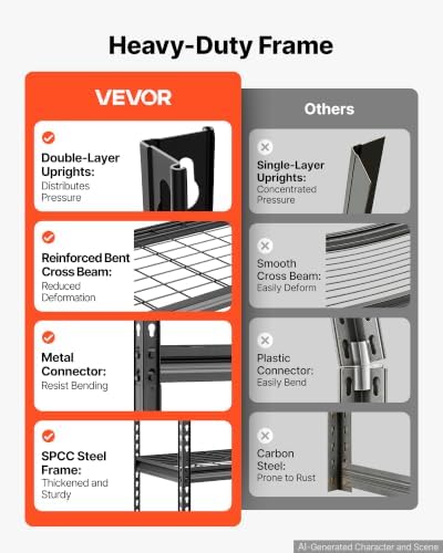 vevor storage shelves, 5-tier 2000 lbs garage shelving showing dimensions