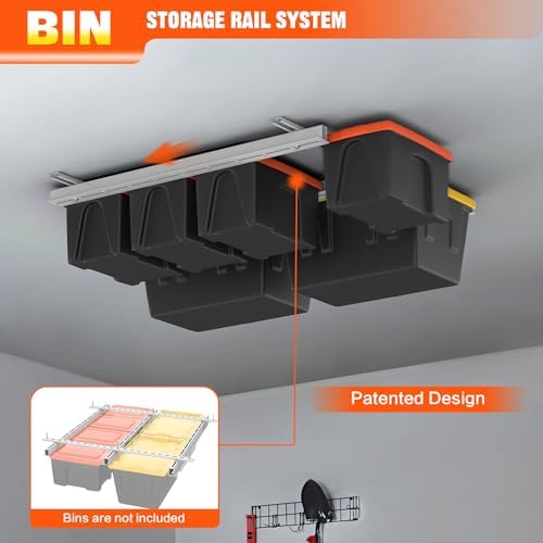 torack garage ceiling bin storage rack, overhead tote shown in use