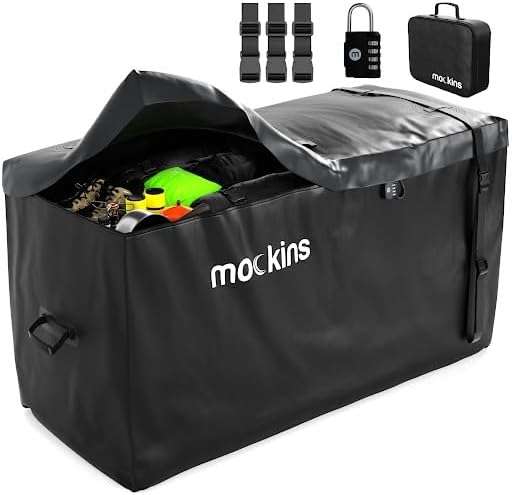 Mockins 25 Cu Ft XL Heavy Duty Trailer Hitch Cargo Carrier Bag All-Weather | 60"x24"x31" Cargo Bag for Hitch Carrier | Waterproof Truck Bed Storage | Vehicle Soft-Shell Carriers w/ Straps, Lock, & Case