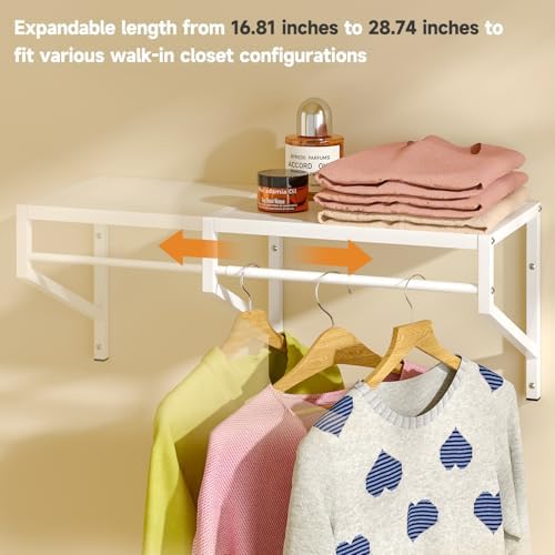 threehio expandable closet shelves wall mounted, 2 pack showing dimensions