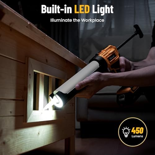electric caulking gun, cordless caulk gun with 2x, front angle view