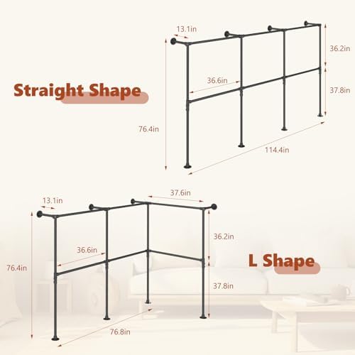 kelixu 114.4" industrial pipe clothing rack for wall showing dimensions