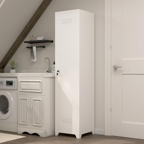 slim broom closet storage cabinet, 65" h metal shown in use