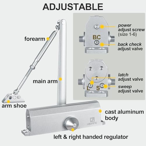 grade 1 commercial door closer, heavy duty auto showing dimensions