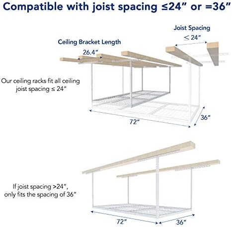 fleximounts 3x6 overhead garage storage adjustable ceiling rack showing dimensions