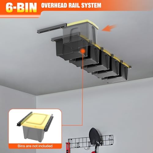 torack garage ceiling bin storage rack, overhead tote, side view