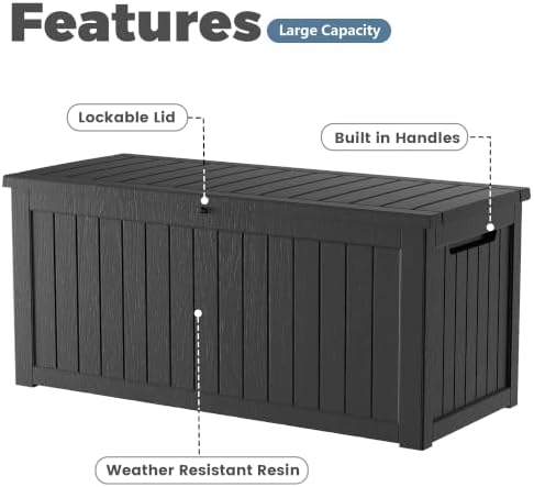 280 gallon outdoor storage box waterproof, lockable resin showing dimensions
