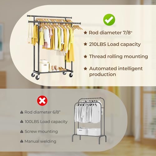 hyseyy double rods clothes rack, rolling clothing rack showing dimensions
